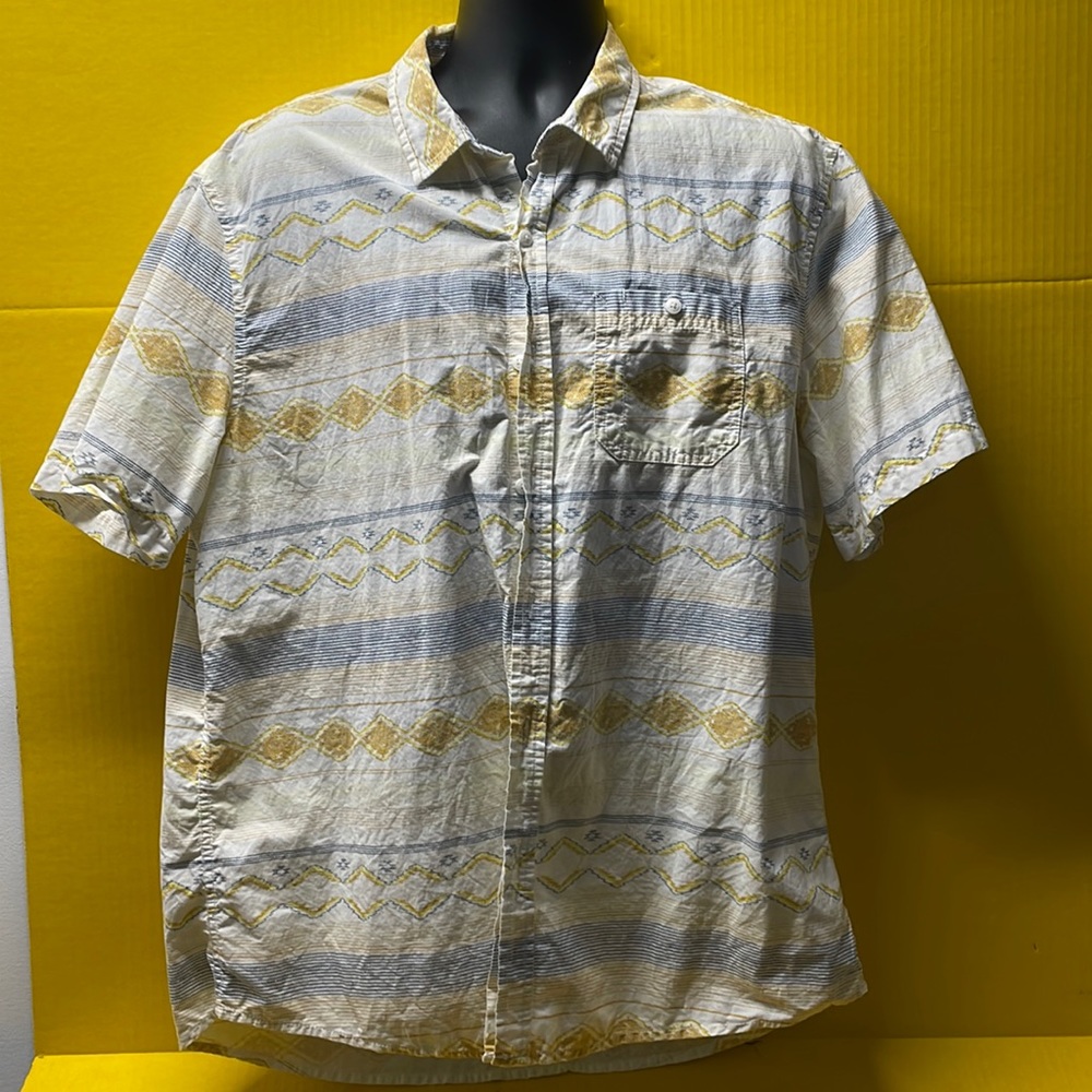 Copper & Oak short sleeve button down yellow patterned shirt, mens size XXL